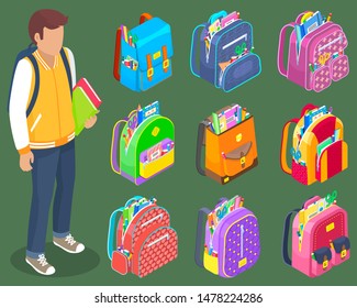 Schoolboy stand and hold book in hands with rucksack on back. Schoolbags inside with stationery like notebooks and rulers scissors and pencils vector. Back to school concept. Flat cartoon isometric 3d