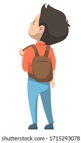 Schoolboy standing alone with brown backpack on his back. Boy with dark hair, orange shirt and blue pants. Guy isolated, first September start lessons. Back to school flat cartoon vector illustration