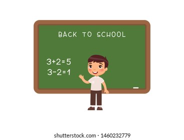 Schoolboy standing at blackboard flat vector illustration. Elementary school pupil solving mathematical exercise near chalkboard cartoon character. Addition and subtraction task on math lesson