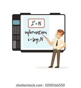 Schoolboy standing in front of an interactive whiteboard with mathematicsc formulas, modern school lesson vector Illustration on a white background