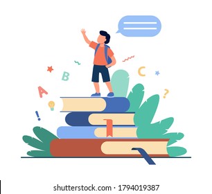 Schoolboy standing on books, raising hand and speaking. Pupil reading home task report flat vector illustration. School, education, knowledge concept for banner, website design or landing web page