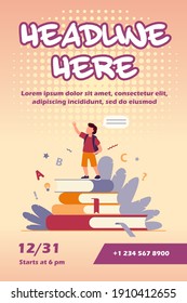 Schoolboy standing on books, raising hand and speaking. Pupil reading home task report flat vector illustration. School, education, knowledge concept for banner, website design or landing web page