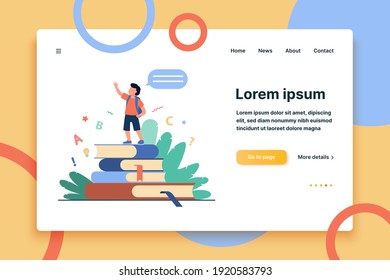 Schoolboy standing on books, raising hand and speaking. Pupil reading home task report flat vector illustration. School, education, knowledge concept for banner, website design or landing web page