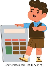 A schoolboy stands with an oversized calculator in a playful cartoon style. A young student points at a large calculator, smiling cheerfully. Cartoon vector illustration.