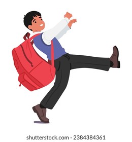 Schoolboy Strained Under The Weight Of His Colossal Rucksack, Its Bulk Seemingly Twice His Size, As He Trudged Determinedly To School. Concept of Education. Cartoon Vector Illustration