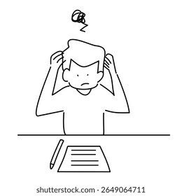 Aluno preso e confuso em seus problemas de exame. Educação, dificuldade de aprendizagem. Ilustração em vetor de arte de linha.