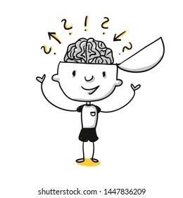 Schoolboy or student learning with his Brain with thoughts and questions - Hand drawn cartoon