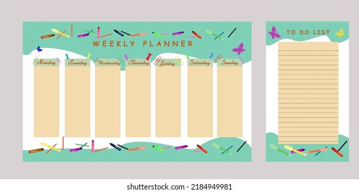 Schoolboy and student weekly planner template. Organizer and schedule with space for notes. Vector illustration for your design