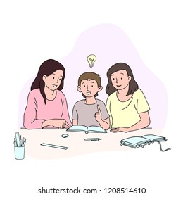 Schoolboy is studying hard and got an idea. His mothers are helping him to do his homework. Simple hand drawn illustration with soft colors. 