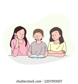 Schoolboy is studying hard, moms are helping him doing homework. One women is reading, another is writing and boy is thinking hard. Simple hand drawn illustration with soft colors. 