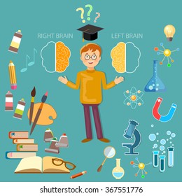 Schoolboy studying left and right brain analytical and creativity education concept vector  