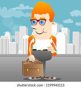 Schoolboy with suitcase and white paper. Vector cartoon character illustration.