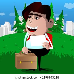 Schoolboy with suitcase and white paper. Vector cartoon character illustration.