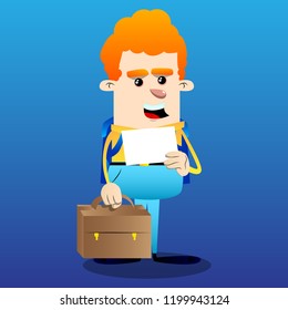 Schoolboy with suitcase and white paper. Vector cartoon character illustration.