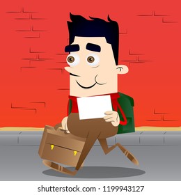 Schoolboy with suitcase and white paper. Vector cartoon character illustration.