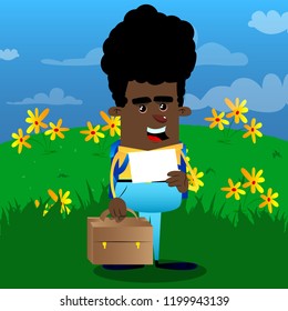 Schoolboy with suitcase and white paper. Vector cartoon character illustration.
