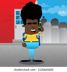 Schoolboy talking on cell phone. Vector cartoon character illustration.