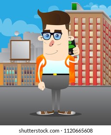 Schoolboy talking on cell phone. Vector cartoon character illustration.