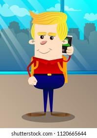 Schoolboy talking on cell phone. Vector cartoon character illustration.
