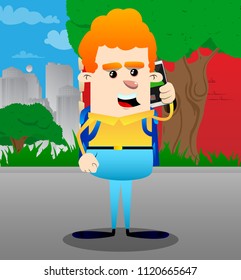 Schoolboy talking on cell phone. Vector cartoon character illustration.