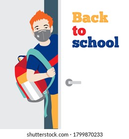 Schoolboy Teen With Backpack, Wearing Medical Face Mask Is Opening The Classroom Door. Back To School During Coronavirus Pandemic, Safety, Health Protection  Concept. Flat Colorful Vector Illustration