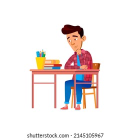 Schuljunge Teenager, der über den Wissensvektor nachdenkt. Pensive asiatische Junge Studierende, die am Tisch sitzen und die Lektüre der Literatur in ihrem Lehrbuch erleben oder lesen möchten. Zeichenkartoon-Illustration