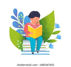 Schoolboy with textbook flat vector illustration. Happy little boy sitting on books stack cartoon character. Smiling schoolchild studying, school education. Student and forest foliage with flowers