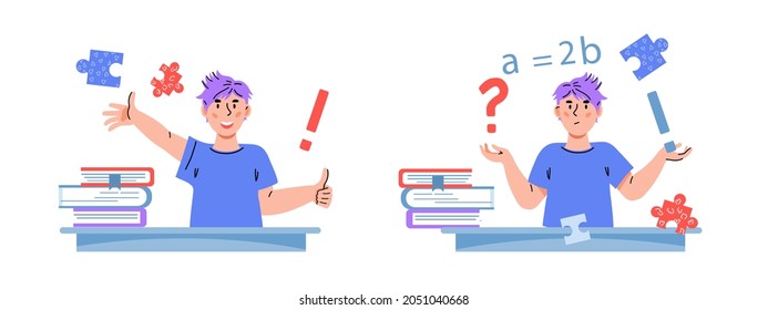 Schoolboy thinking and asking question, then solving task, flat cartoon vector illustration isolated on white. Child finds it difficult to solve the problem and finds the answer