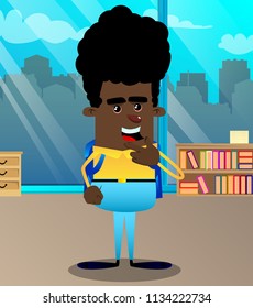 Schoolboy thinking or pointing to his left side. Vector cartoon character illustration.