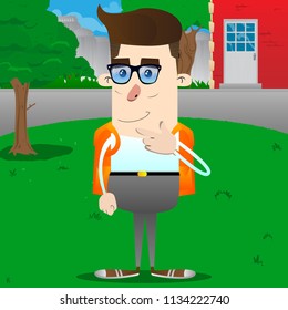 Schoolboy thinking or pointing to his left side. Vector cartoon character illustration.