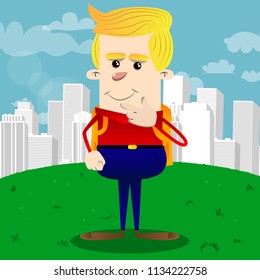 Schoolboy thinking or pointing to his left side. Vector cartoon character illustration.
