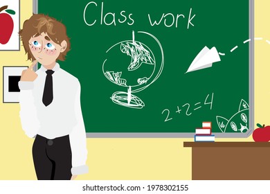 Schoolboy thinks in front of the chalkboard. Children's drawing. Vector