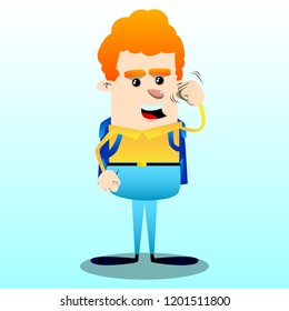 Schoolboy threatening someone, shakes his fist at viewer. Vector cartoon character illustration.