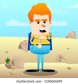 Schoolboy with time out hand gesture. Vector cartoon character illustration.