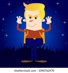 Schoolboy is trying to scare you. Vector cartoon character illustration.
