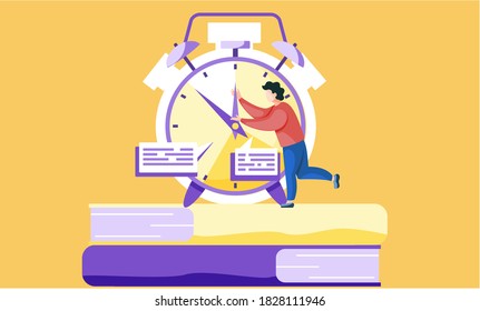 A schoolboy is trying to stop the time and holding the arrow of the clock standing on two books. A man brakes the watch. Hurry before the exam vector illusration isolated on yellow background