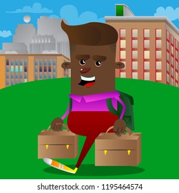 Schoolboy with two suitcase. Vector cartoon character illustration.