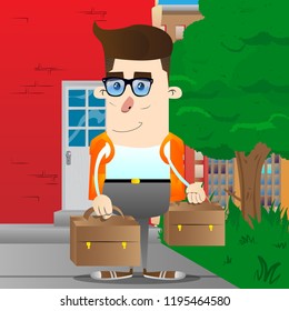 Schoolboy with two suitcase. Vector cartoon character illustration.