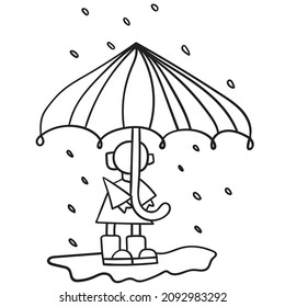 A schoolboy under an umbrella Vector for kids coloring book black and white Illustration.