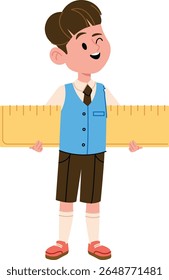 Um estudante de uniforme segura uma grande régua com uma expressão divertida em um estilo de desenho animado. Um jovem estudante segura uma ferramenta de medição de grandes dimensões, sorrindo alegremente. Ilustração de vetor de desenhos animados.