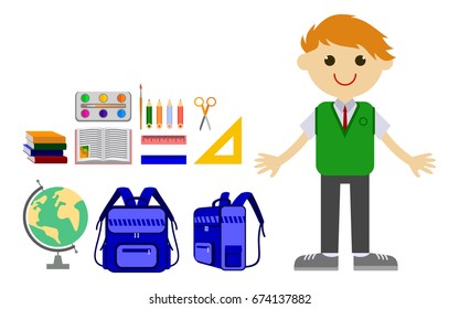 Schoolboy in the uniform and school tools. Vector clip art.