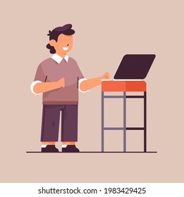 schoolboy using laptop smiling boy with gadget education concept