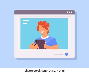 schoolboy using tablet pc smiling guy with gadget in web browser window horizontal portrait