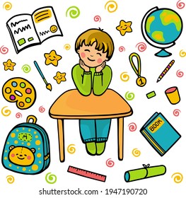 A Schoolboy  Vector Illustration. School Supplies And School Subjects.