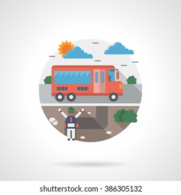 Schoolboy waiting for the red school bus. Suburb scene. Single detailed flat color style vector icon. Web design elements for business, site, mobile app. 