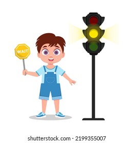 Schuljunge mit einem Wartezeichen. Die Ampel zeigt ein gelbes Signal. Vektorgrafik
