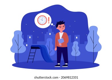Schoolboy walking home late from school. Boy with glasses holding book flat vector illustration. Teenage time management, study overload concept for banner, website design or landing web page