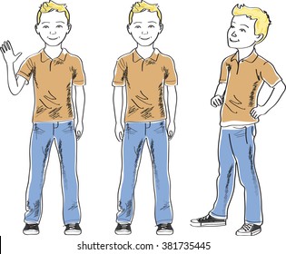 schoolboy waving, blond guy greets, on isolated background