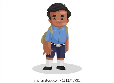 Schoolboy is wearing school bag. Vector graphic illustration. Individually on white background.