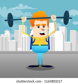 Schoolboy weightlifter lifting barbell. Vector cartoon character illustration.